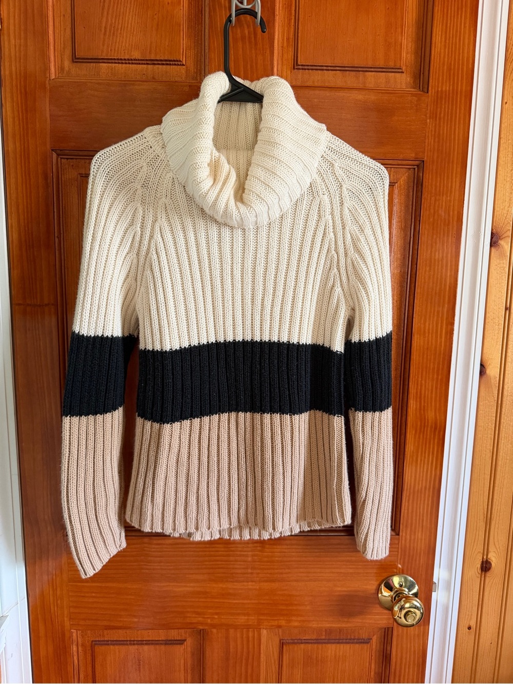 New York & Company Colorblock Ribbed Cowl Sweater - Cream, Black & Tan